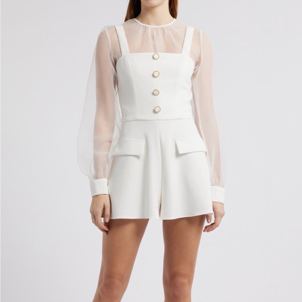Black Halo White Sleeveless Romper with Sheer Long-Sleeve Overlay
